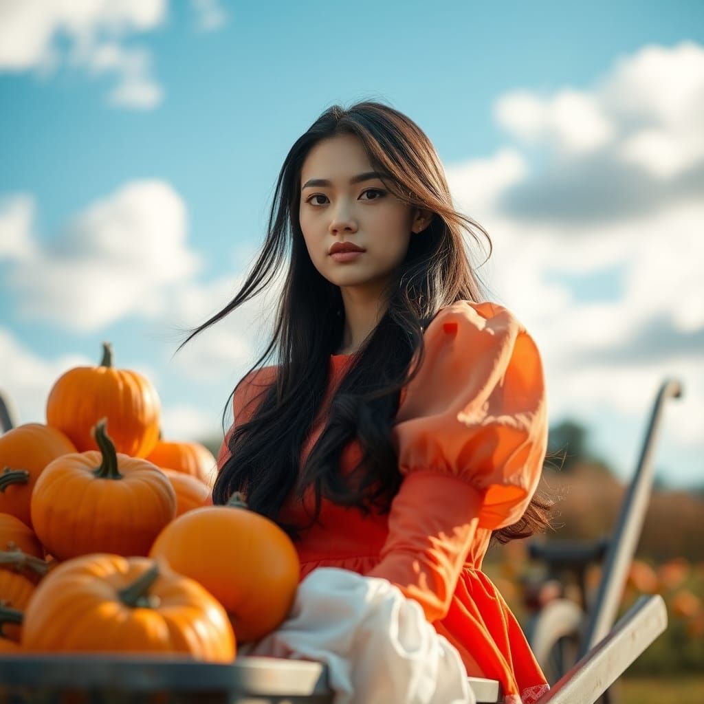 Dreamlike Portrait with Pumpkins in Soft Focus