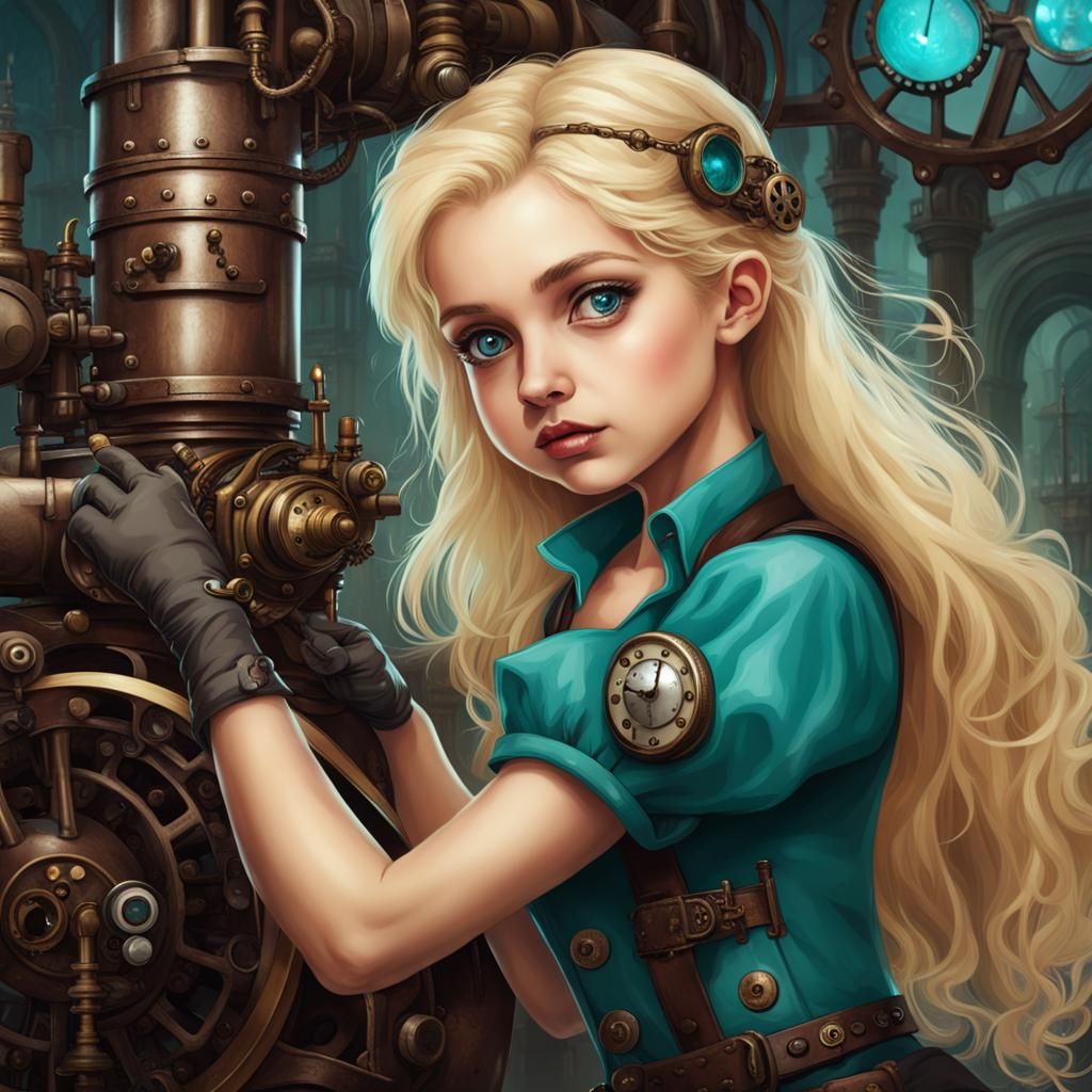 Steampunk Girl Playing with Engine Gears