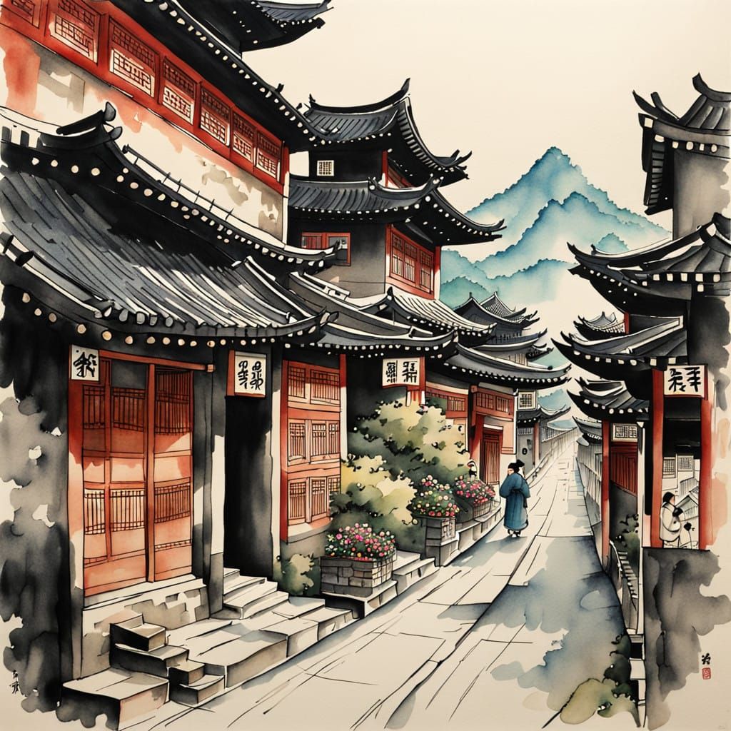 Vibrant Oriental Cityscape in Traditional Ink and Watercolor