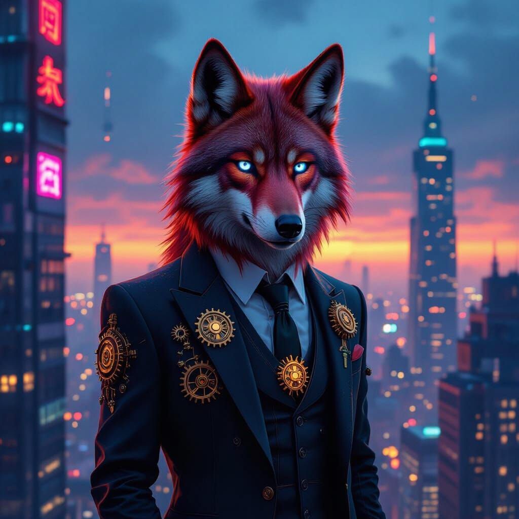 Steampunk Wolf in Cyberpunk Metropolis