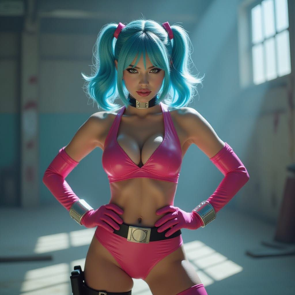 Bulma Poses in Pink and Blue Armor