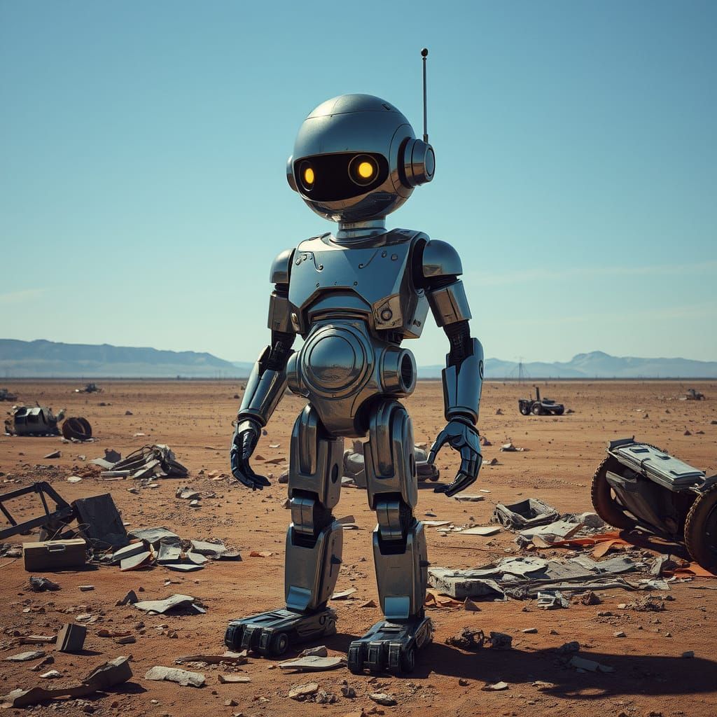 Cyberpunk Robot Guardian in Deserted Post-Apocalyptic Wastel...