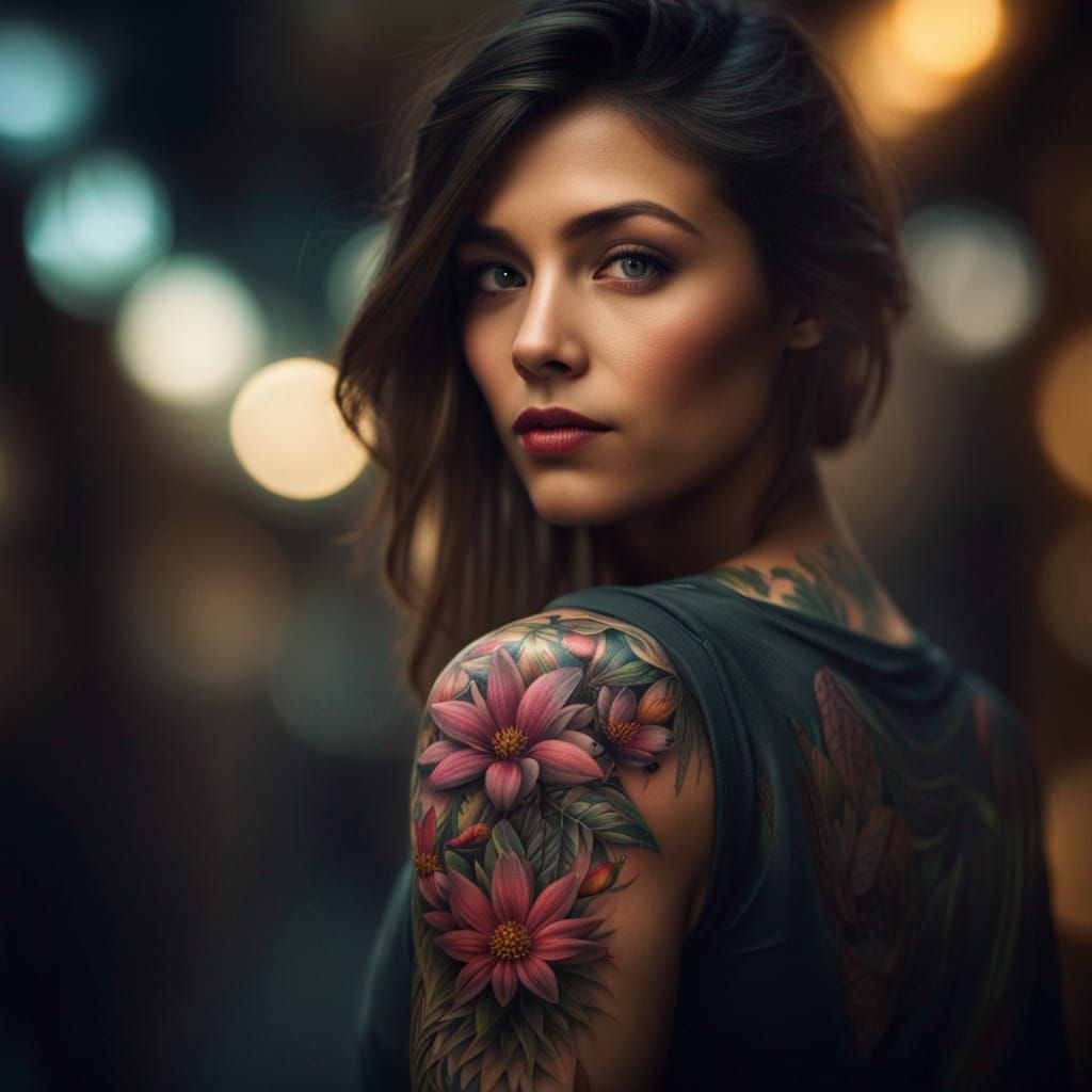 Woman's Arm with Flower Tattoo Sleeve in 3D