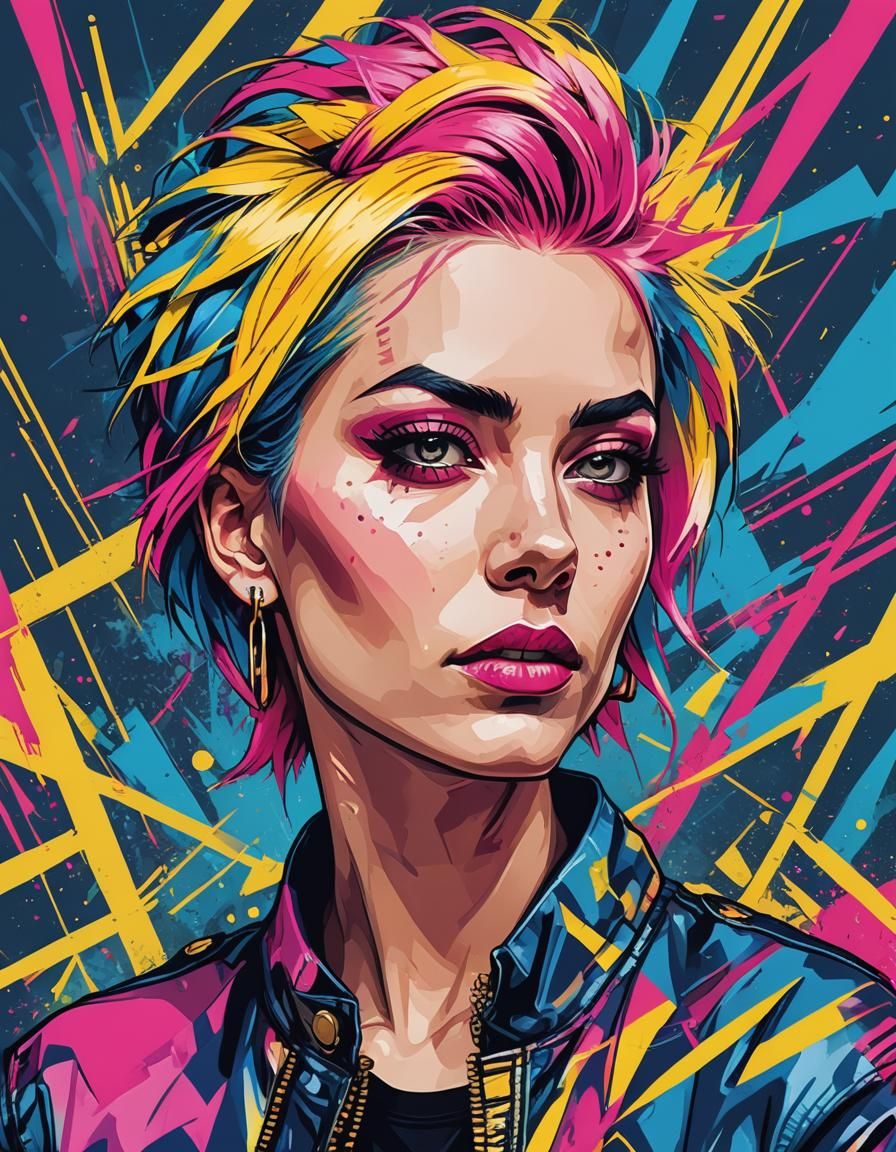 Fierce Punk Girl in Pop Art Style Portrait
