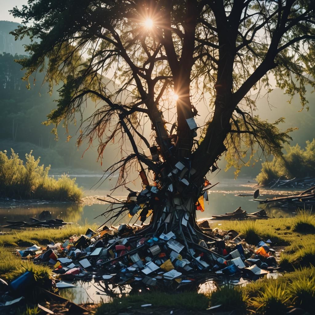 A tree made of trash, background of rising sun reflection lake bright grass Cinematic film still, shot on v-raptor XL, f...
