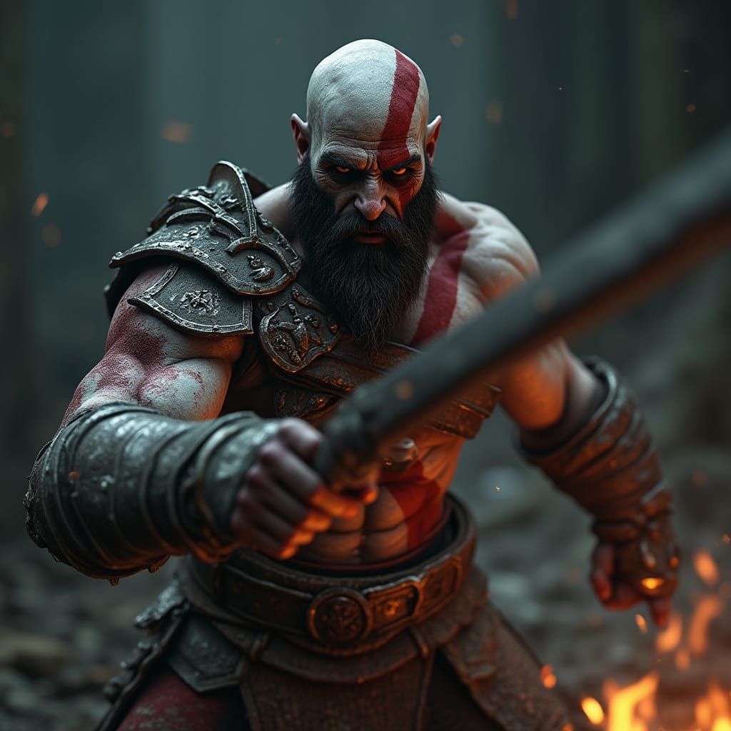 Aged Kratos in Fierce Battle: 3D Game Cinematic