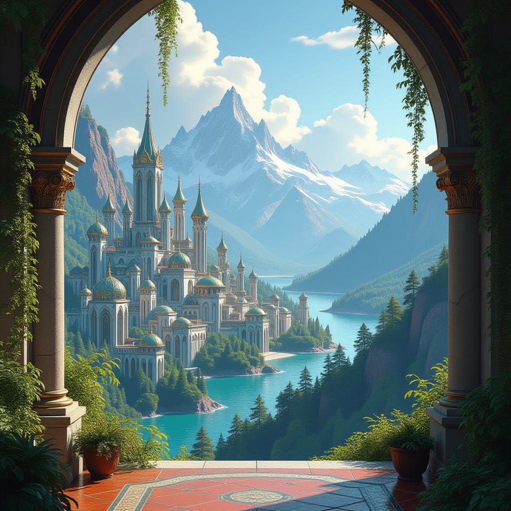 Elven Cityscape with Majestic Mountains and Vibrant Forest