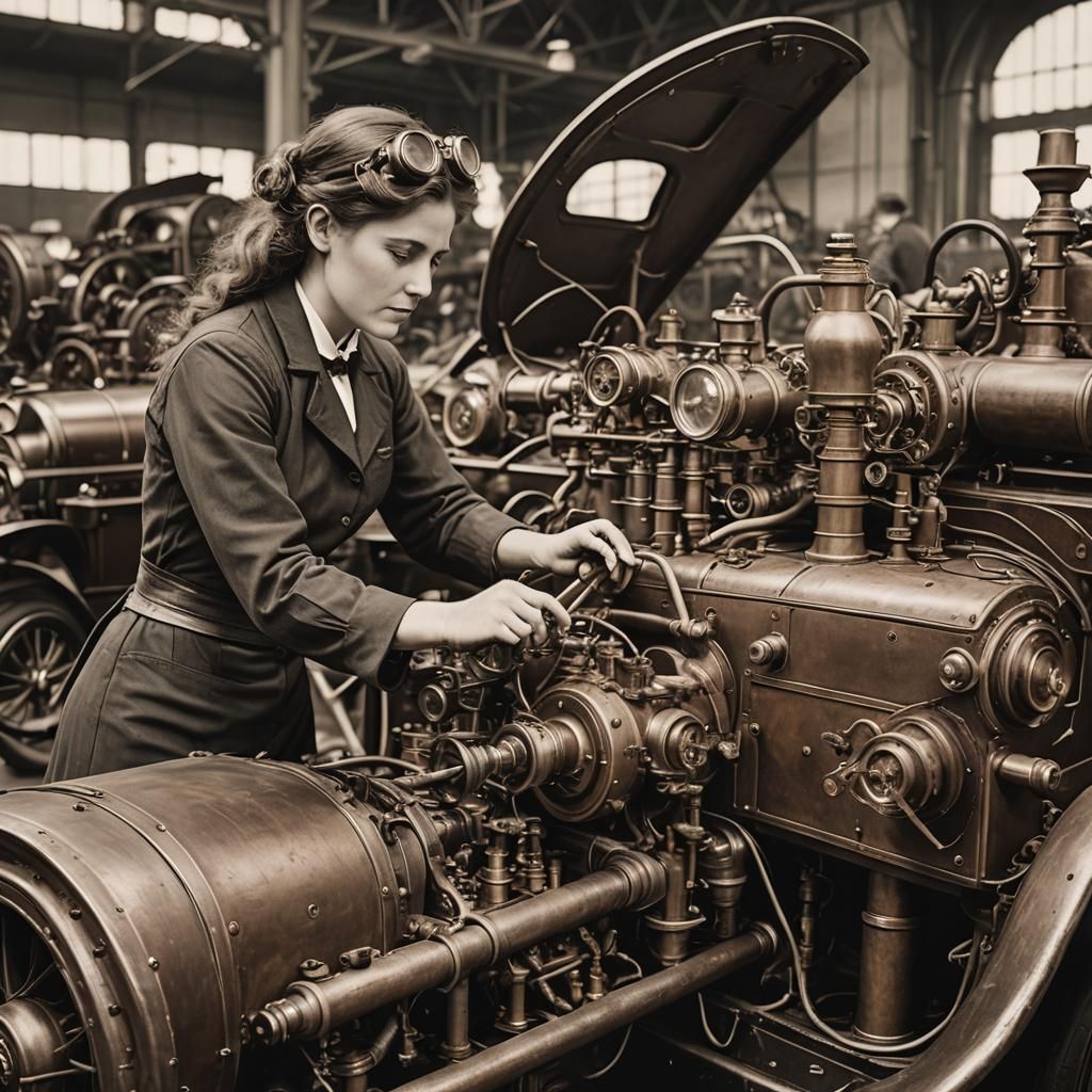 Steampunk Mechanic Repairs Car in Ford Factory