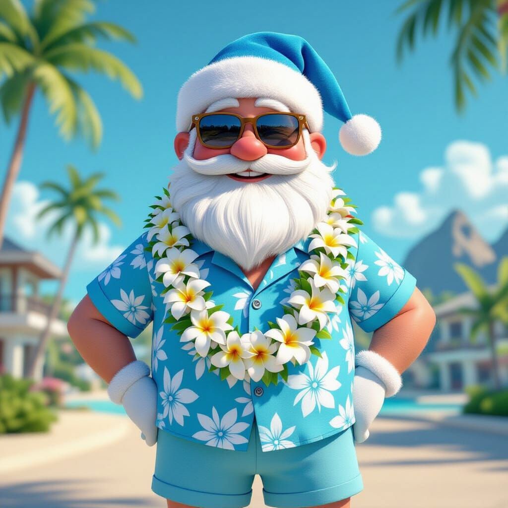 Santa Claus in Hawaiian Outfit, 3D Pixar Cartoon