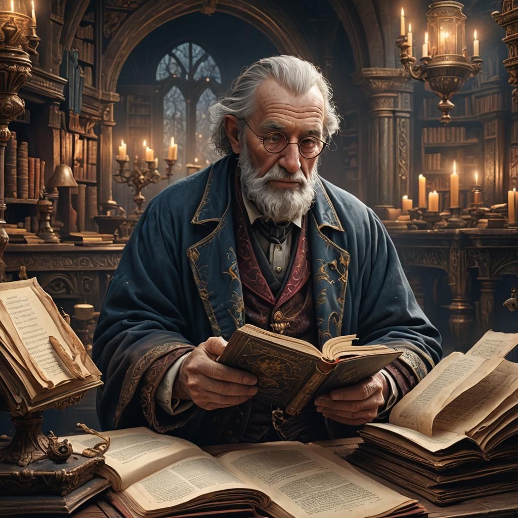 Old Man Reading an Illuminated Book in Detailed Matte Painti...