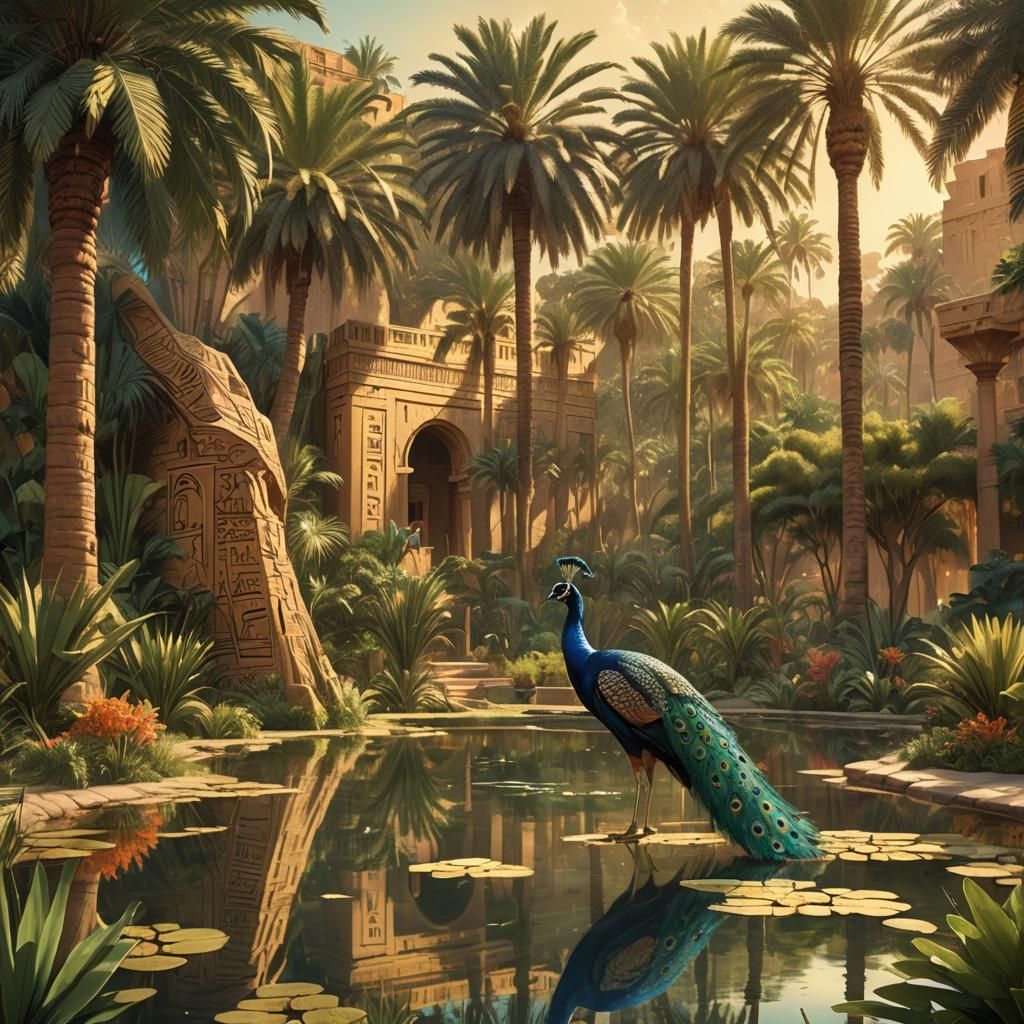 Egyptian Garden with Peacock and Golden Fort