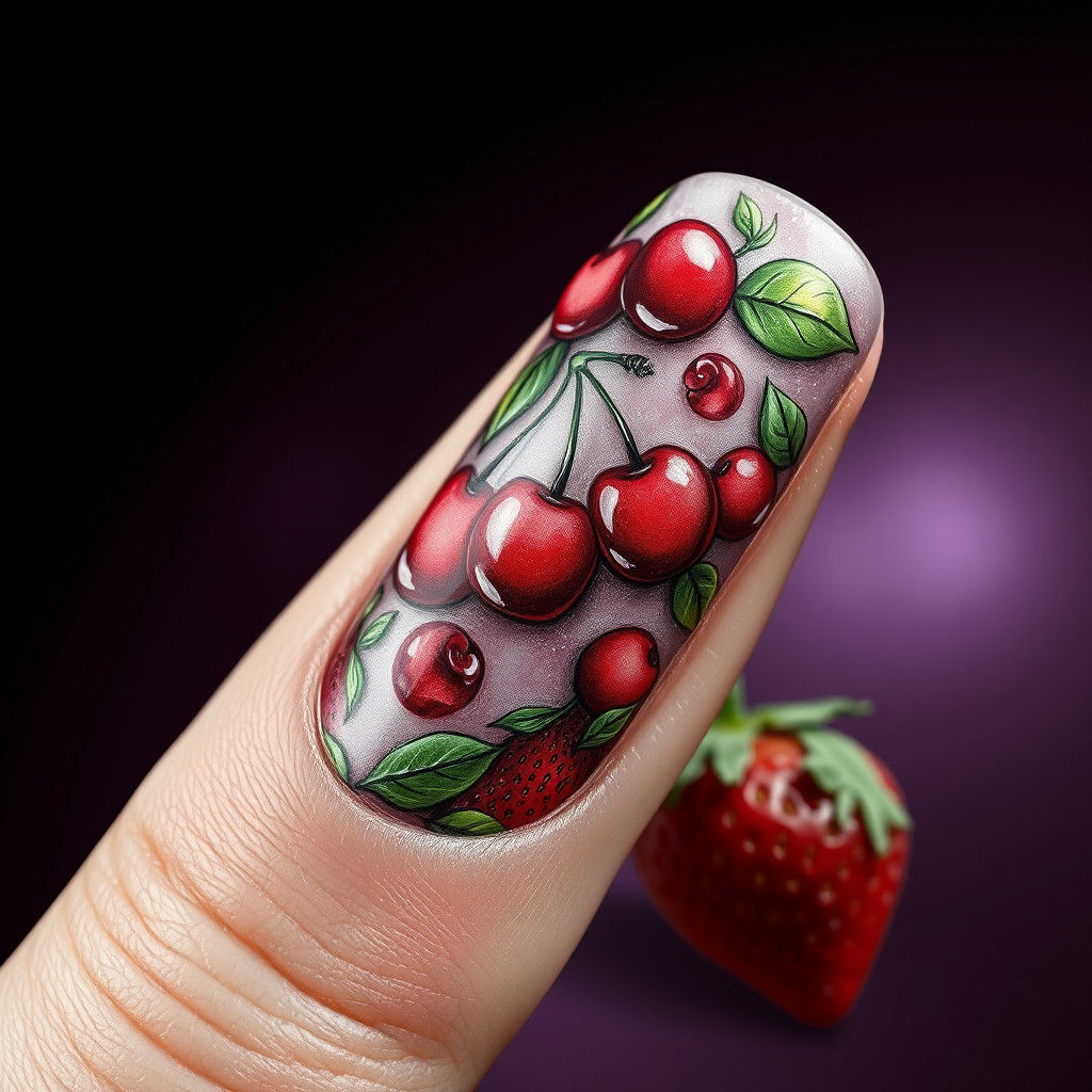 Cherry and Strawberry Fingernail Art in Mixed Media Style