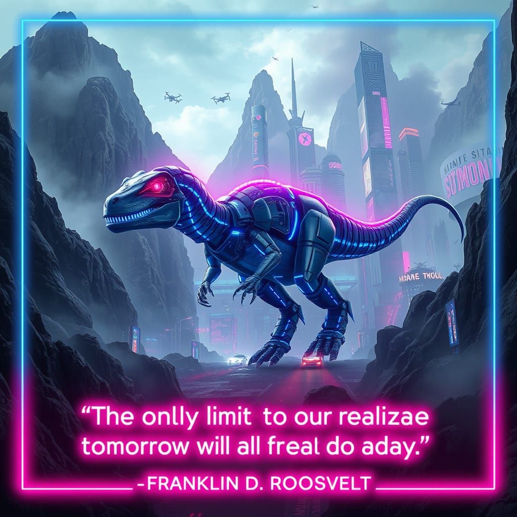 Cyberpunk City Dreamscape: Robotic Dinosaur in Neon Metropol...
