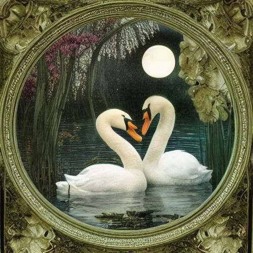 Swans Form Heart Under Moon in Waterhouse Style
