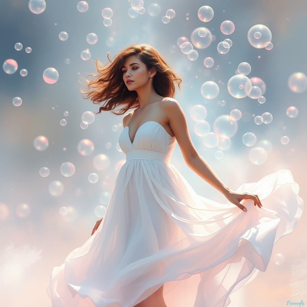 Ethereal Woman in Bubbles: Digital Watercolor Art