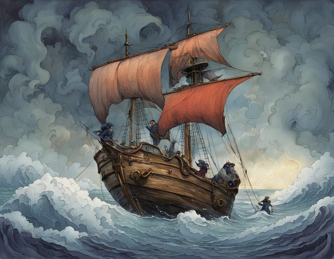 Fearless Mouse Navigates Stormy Seas in Post-Impressionist W...