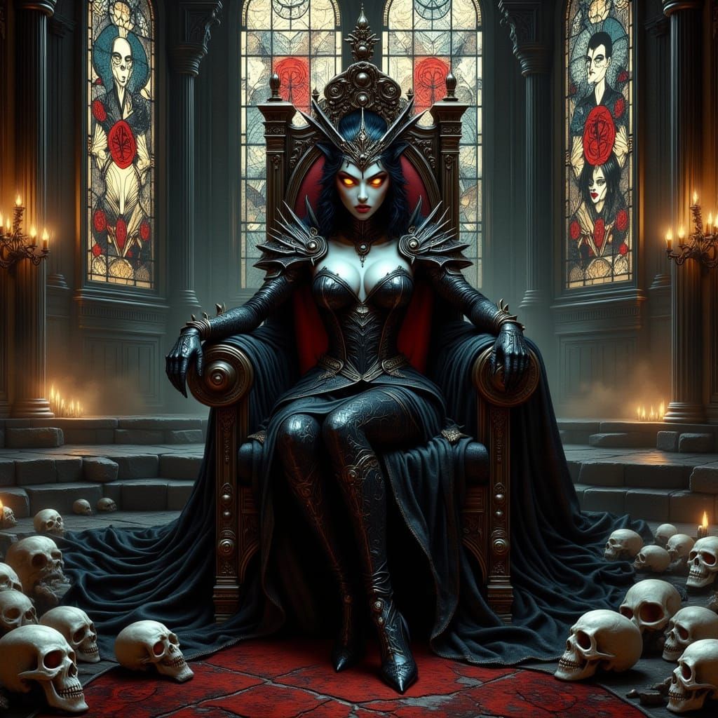 Vampire Queen on Skull Throne in Gothic Cathedral