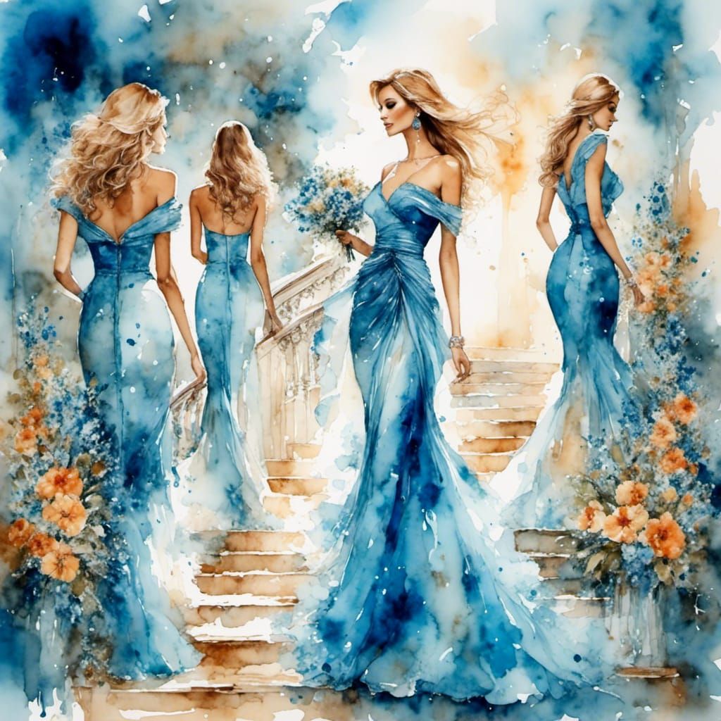 Azure Floral Arrangement with Girl in Watercolor Style