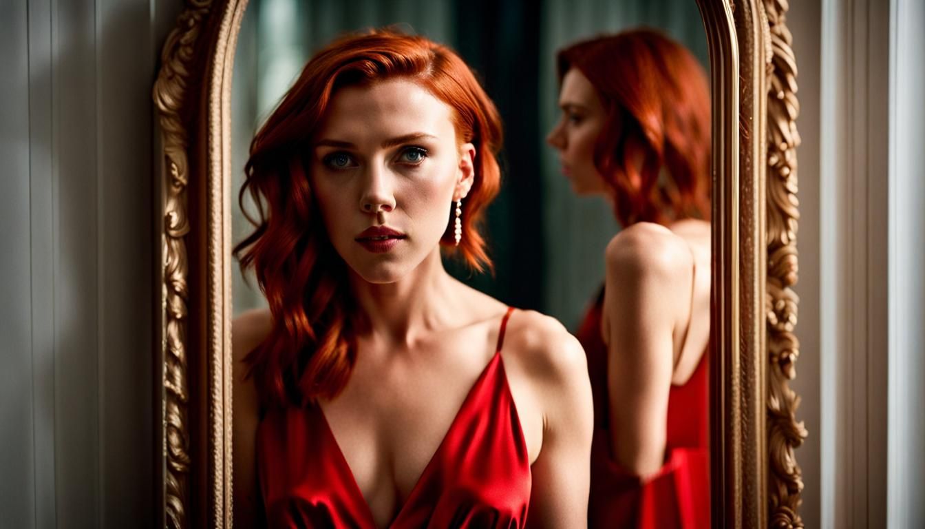 Beautiful Scarlett Johansson with red hair wearing a red night gown standing in front of a mirror