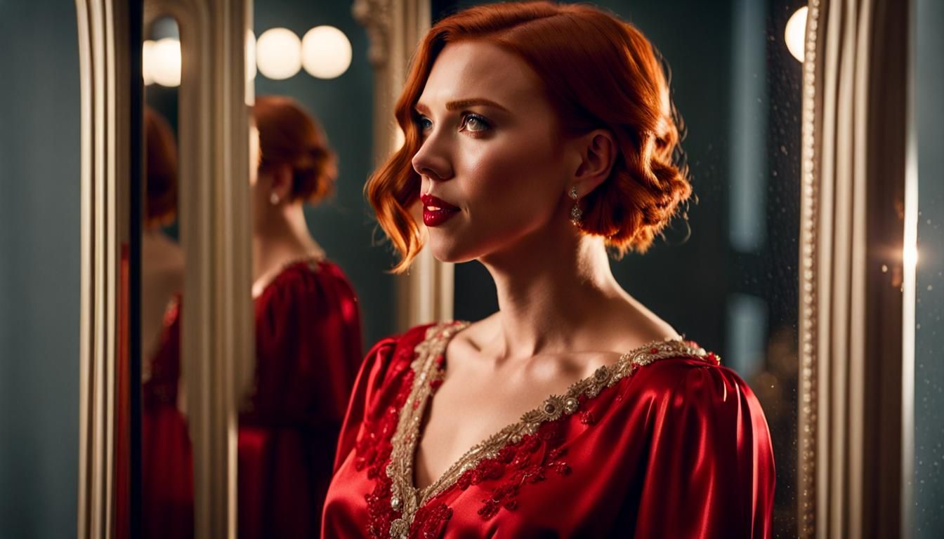 Beautiful Scarlett Johansson with red hair wearing a red night gown standing in front of a mirror