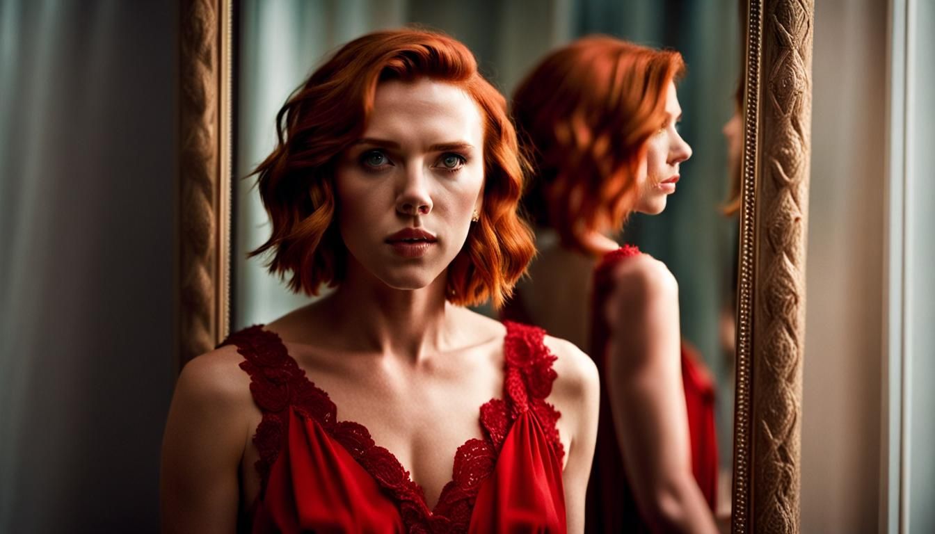 Beautiful Scarlett Johansson with red hair wearing a red night gown standing in front of a mirror