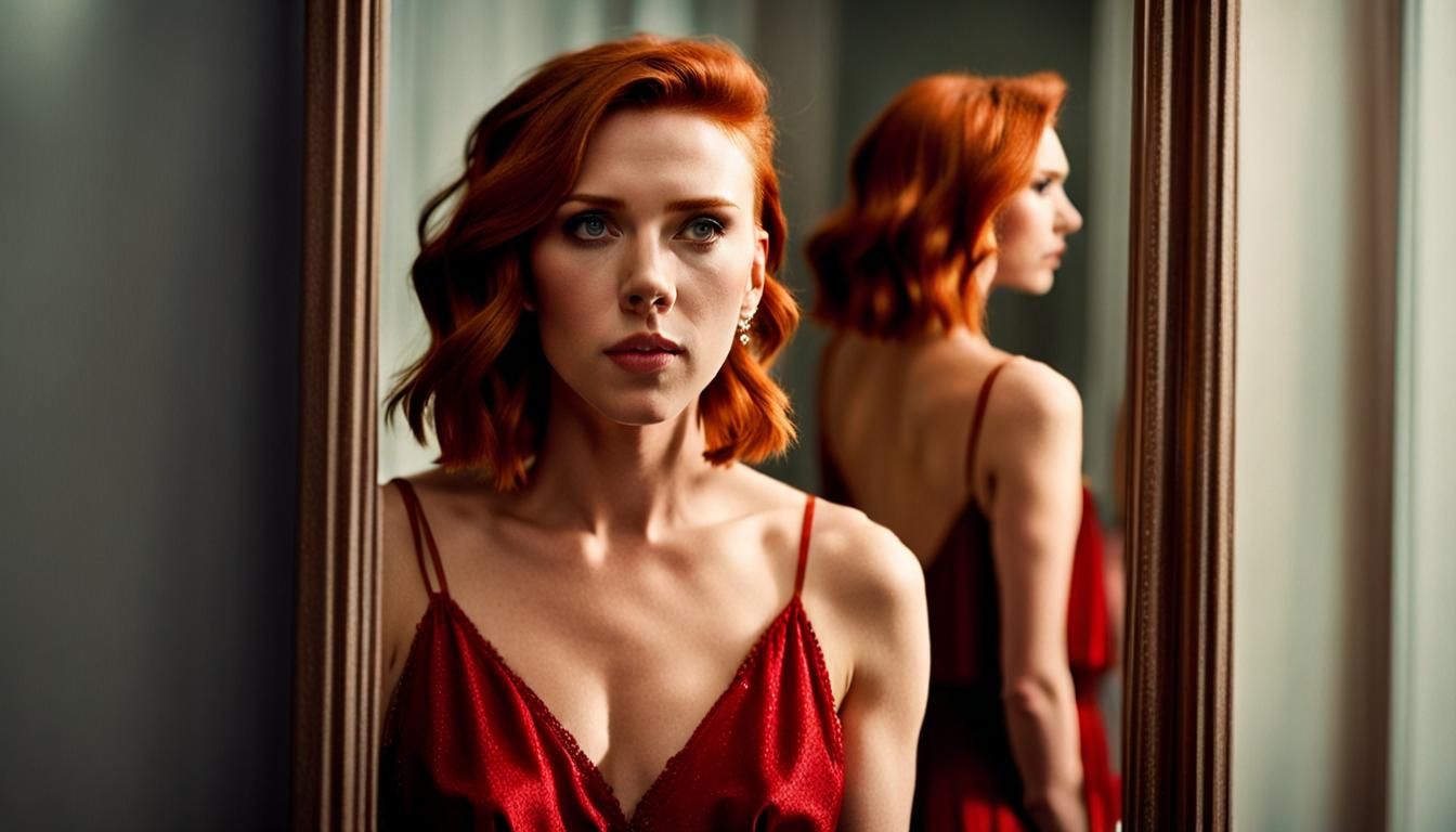 Beautiful Scarlett Johansson with red hair wearing a red night gown standing in front of a mirror
