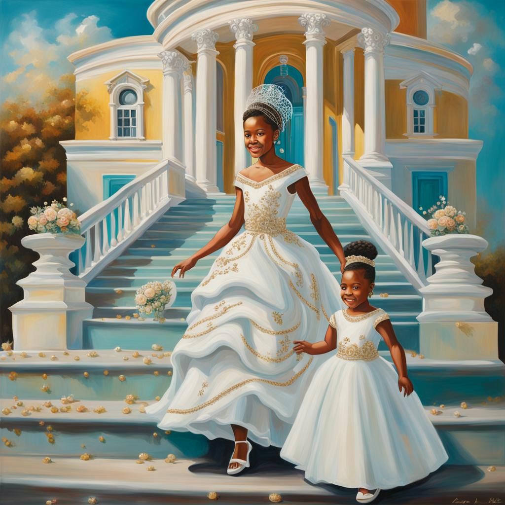 Sisters Emerging from a Cake Church, Oil Painting