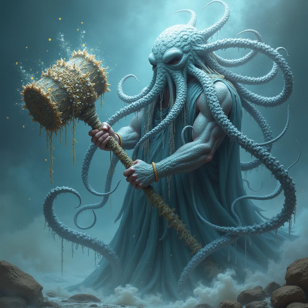 Cthulhu-like God with Hammer in Dreamlike Twilight