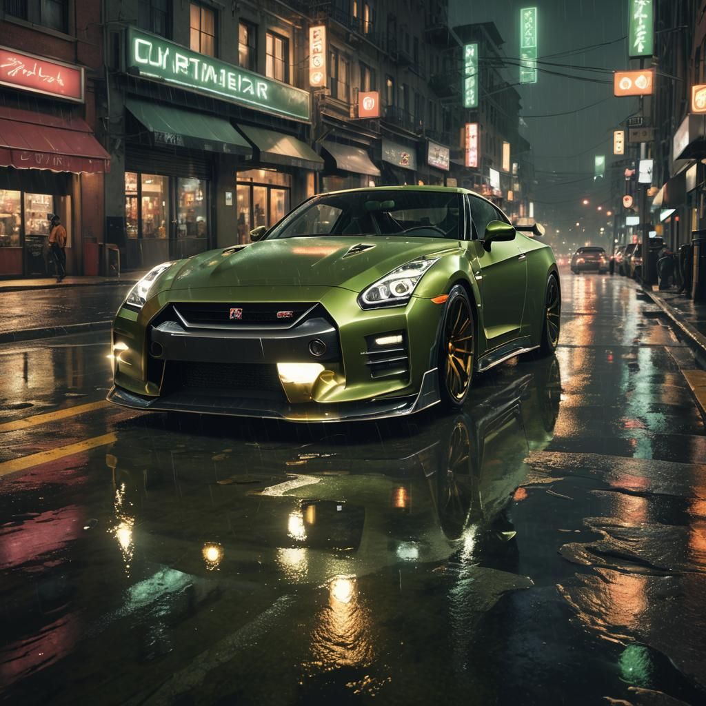 Khaki Green GTR R35 in City at Night