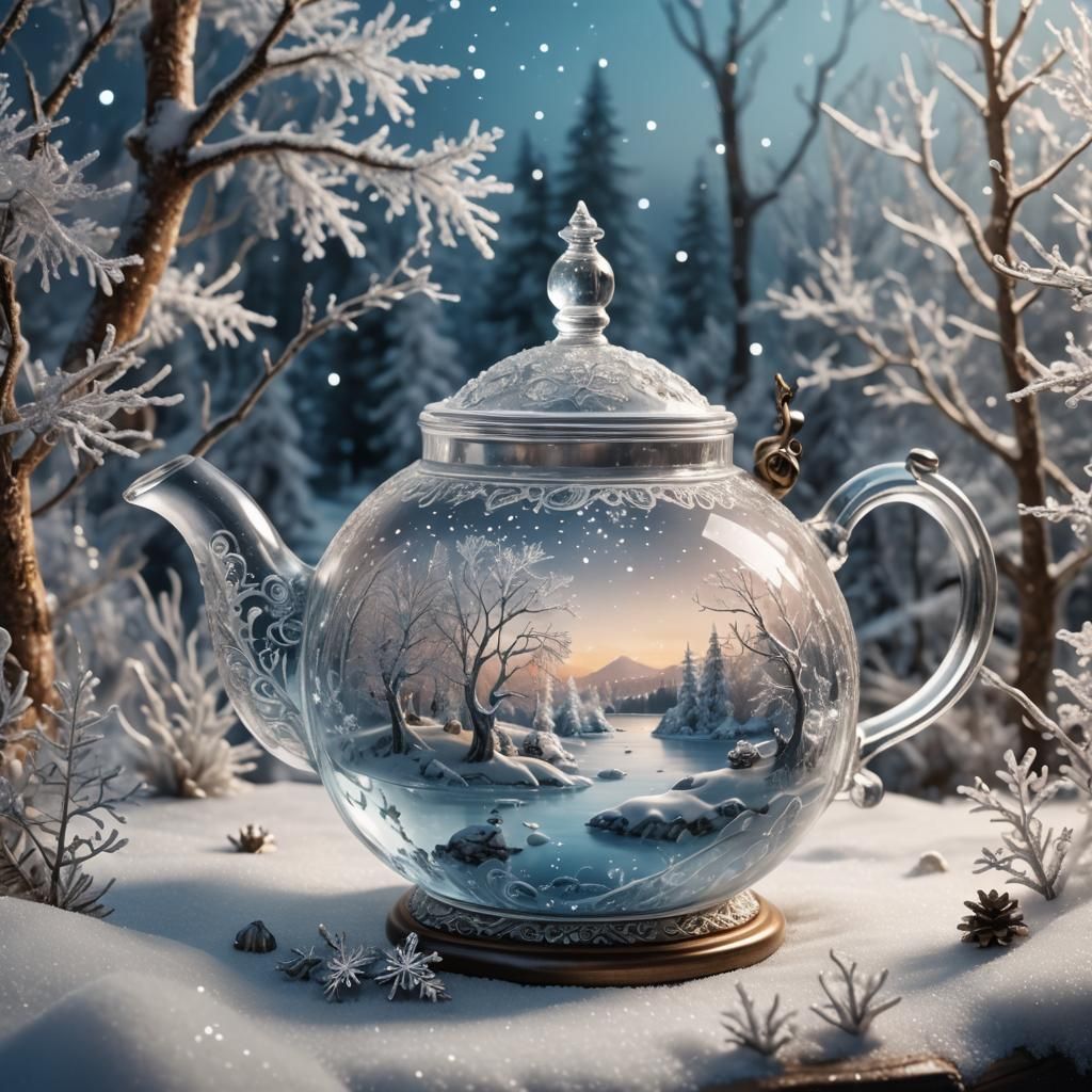Starlit Winter Landscape Pours from Crystal Teapot