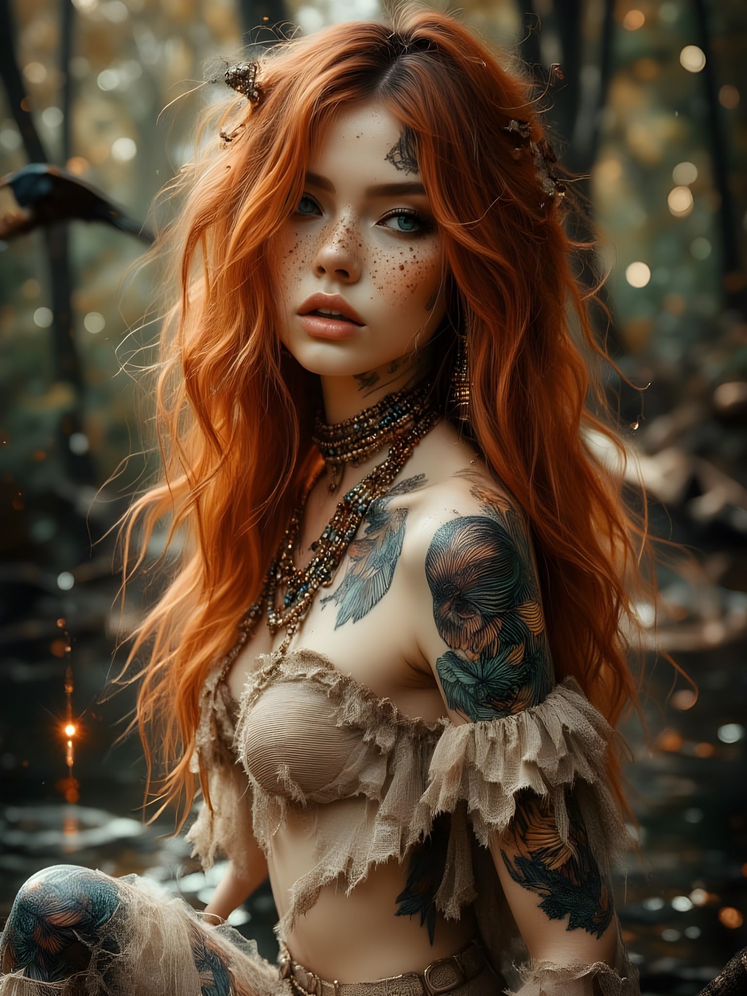 Red-Haired Woman with Tattoos in Soft Fantasy Style
