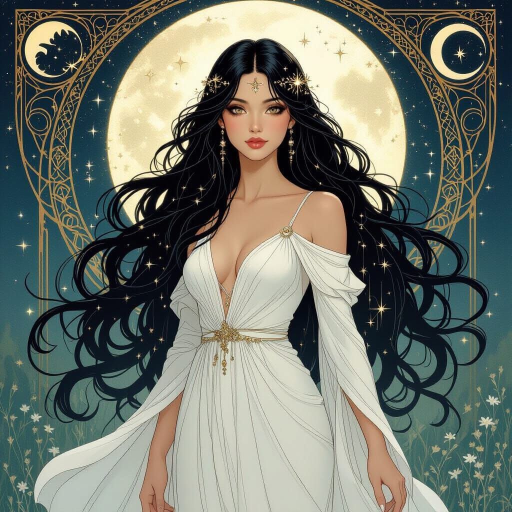 Constellation Woman in Moonlit Clearing, Art Nouveau