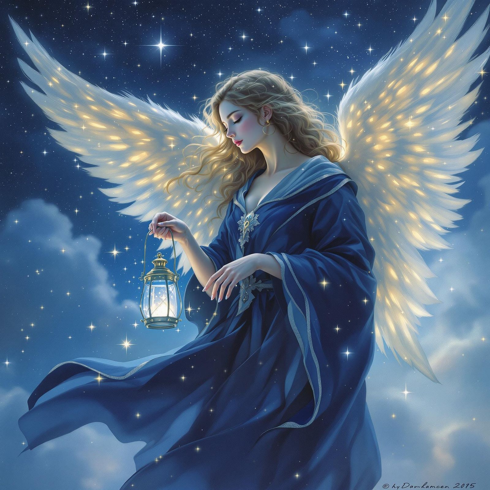 Guardian Angel Under Starlit Sky in Painterly Style