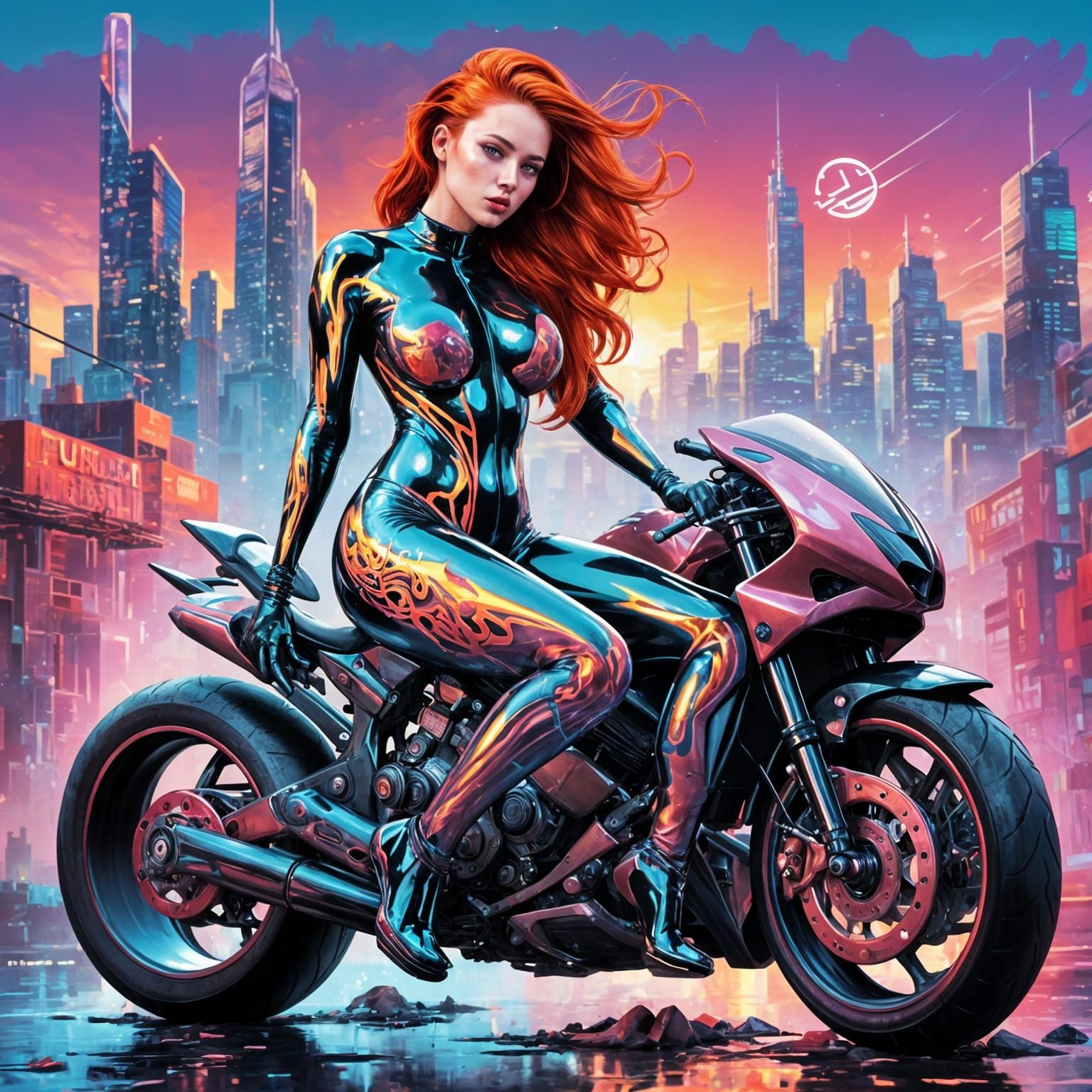 Redhead on Motorcycle in Neon Cyberpunk Cityscape