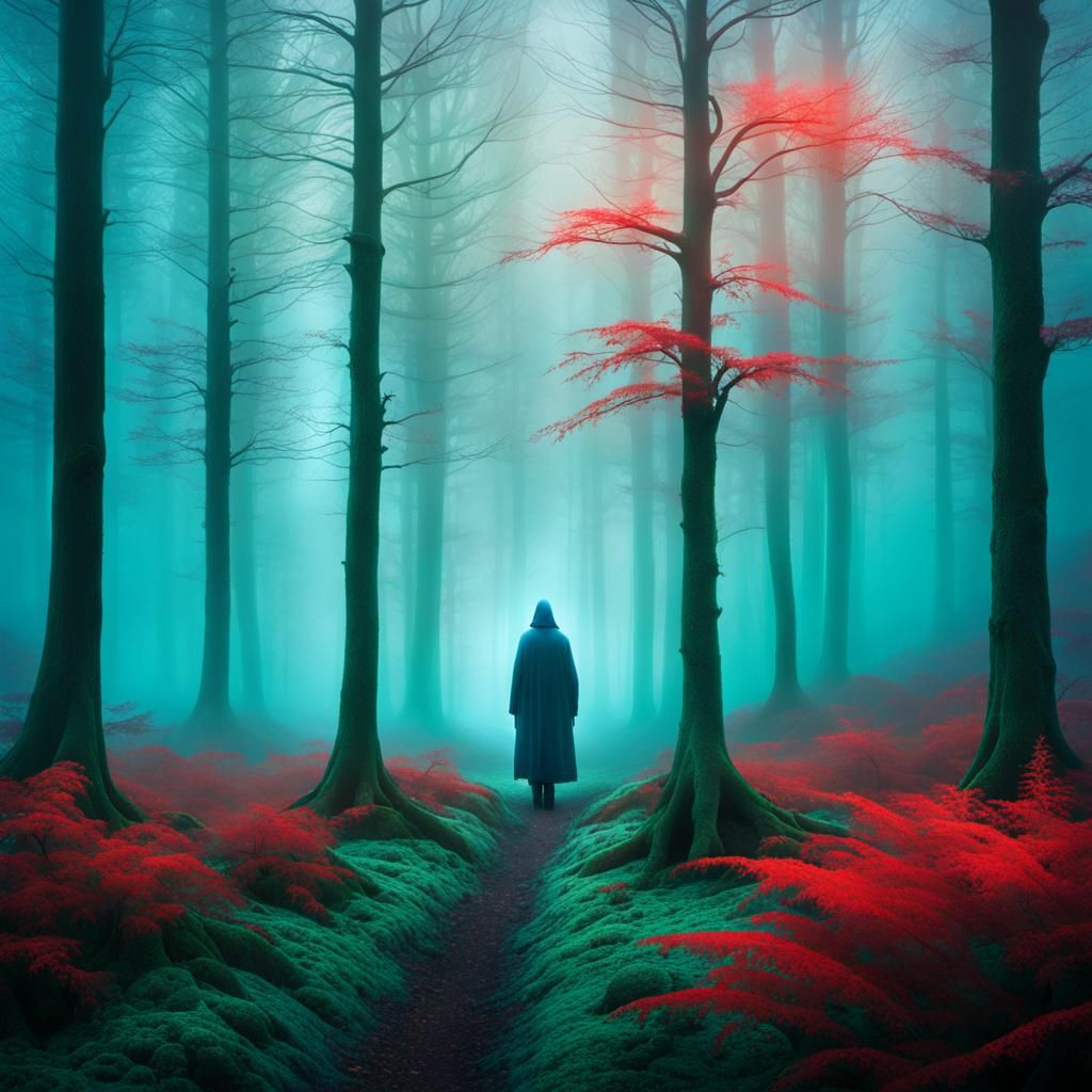 Lone Figure in Misty Forest: Surrealist Digital Art