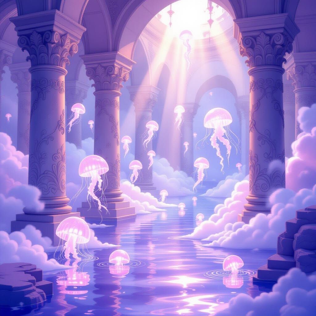 Ethereal Sunken Temple with Jellyfish in Pastel Watercolor