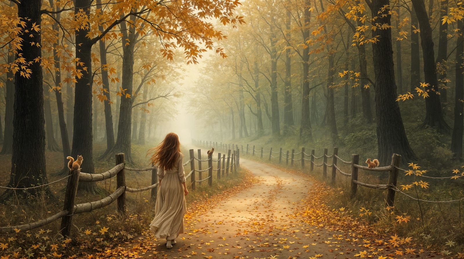 Impressionistic Autumn Forest Scene with Woman and Squirrels