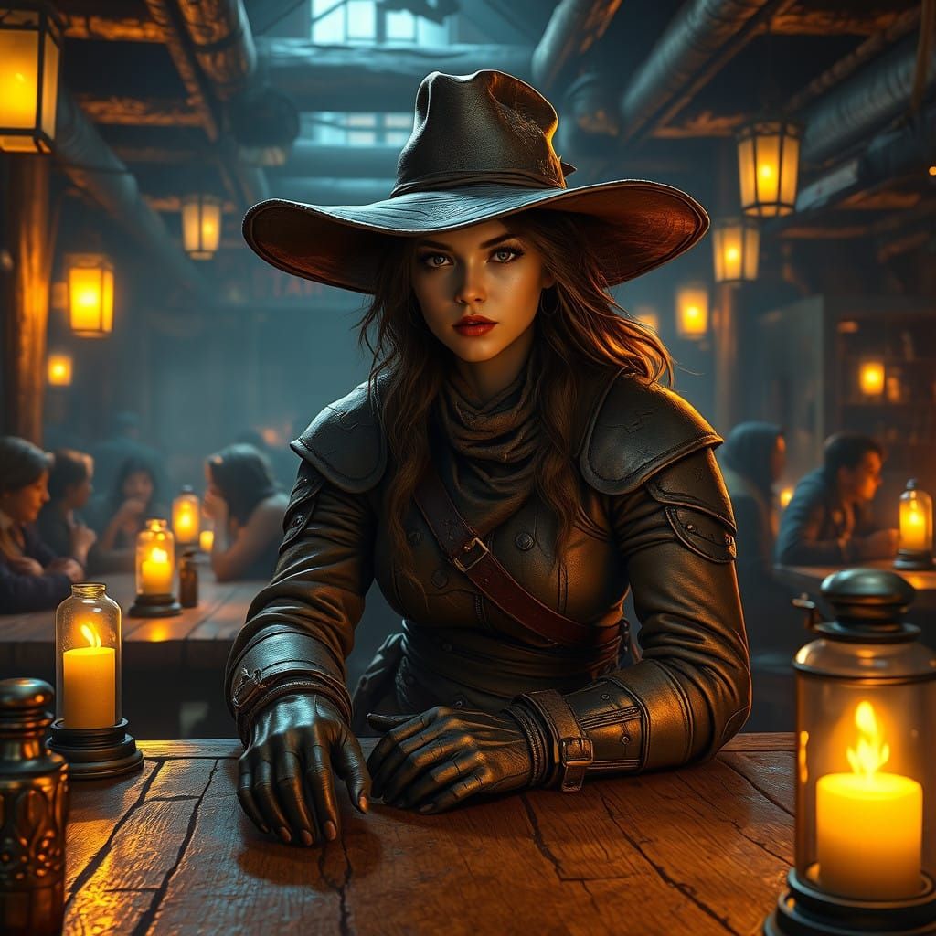 Mystical Bounty Hunter in a Fantasy Western Tavern