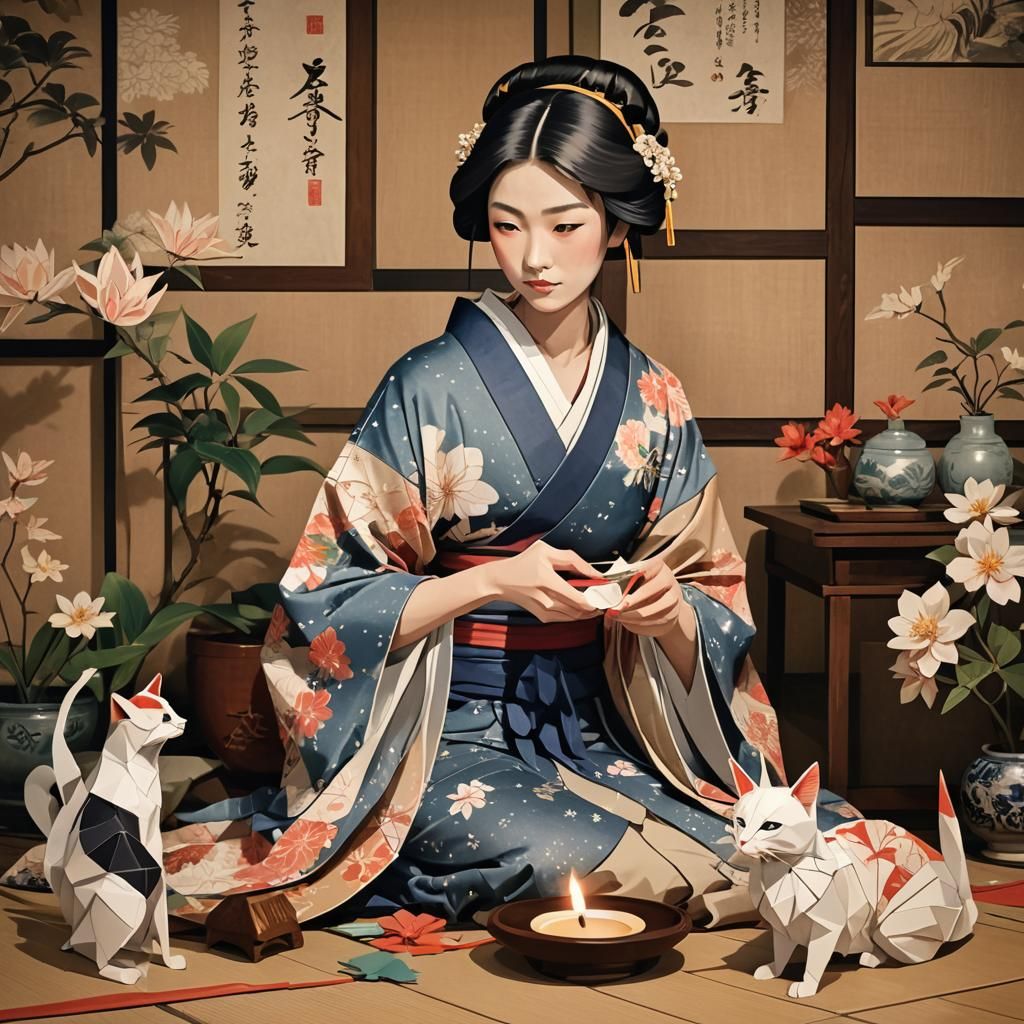 Woman Folds Origami in Ukiyo-e Style