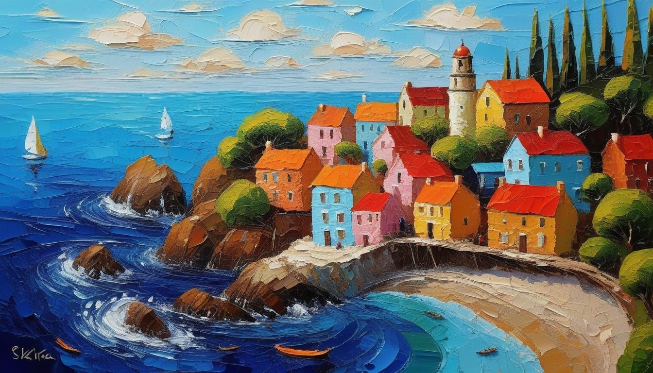 Impressive Coastal Townscape in Thick Oil Paint