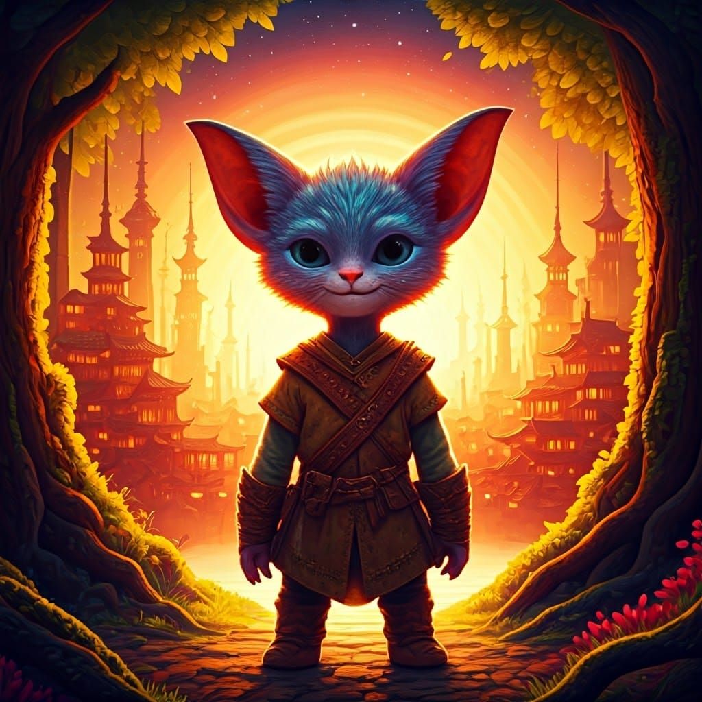 Whimsical Alien Cat-Elf Stands Amidst Dreamlike Cityscape