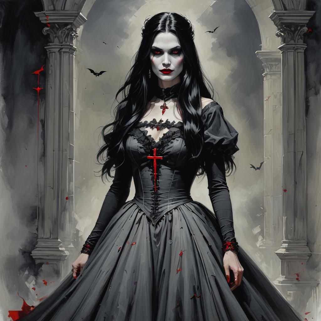 Smiling Vampire Woman in Ballroom Dress