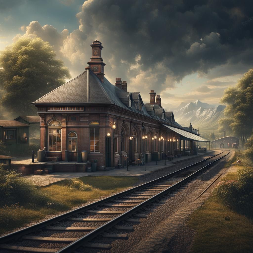 Picturesque Countryside Railway Station: Digital Matte Paint...