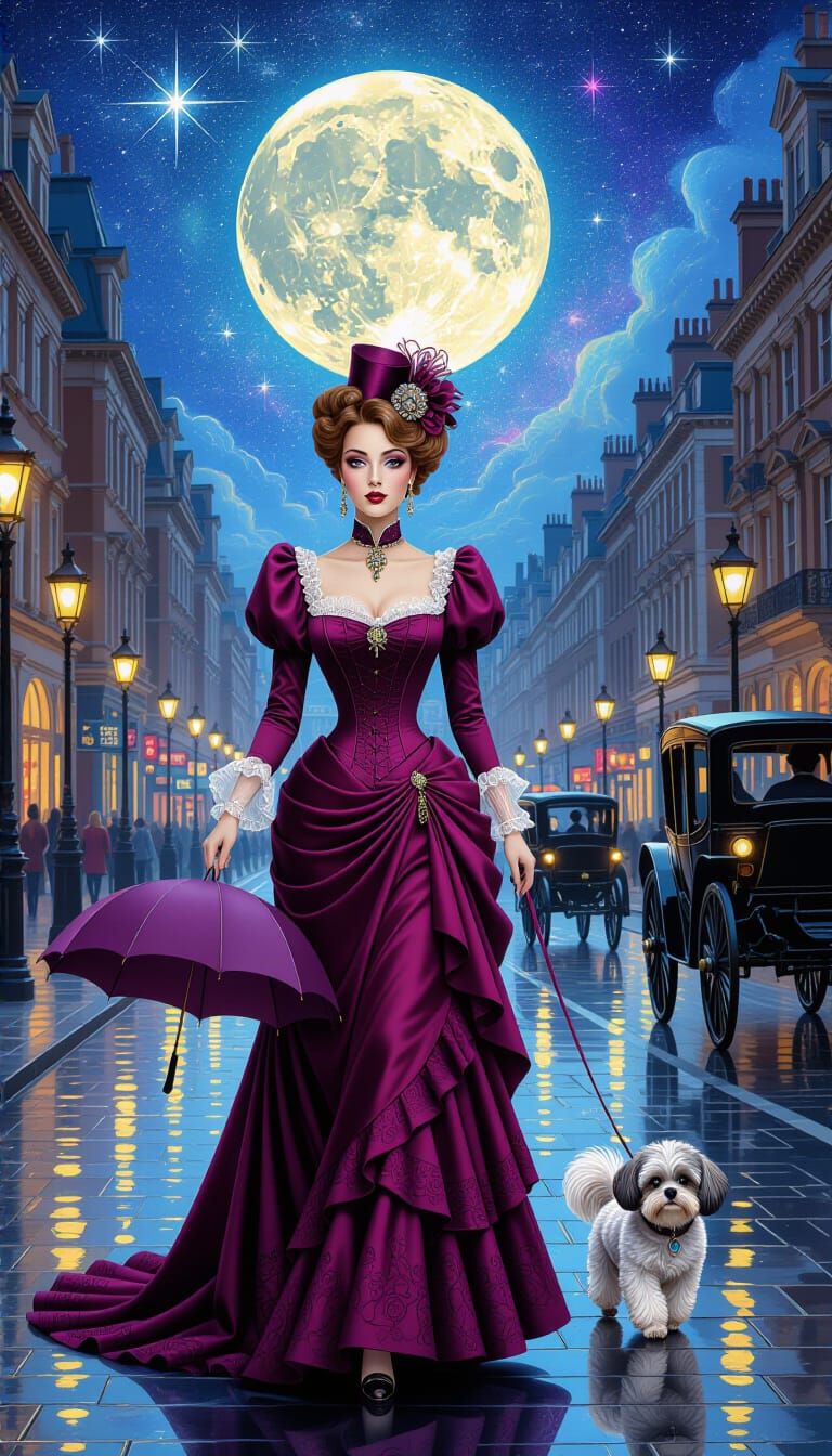 Victorian Lady with Shi Poo in Starry Night London