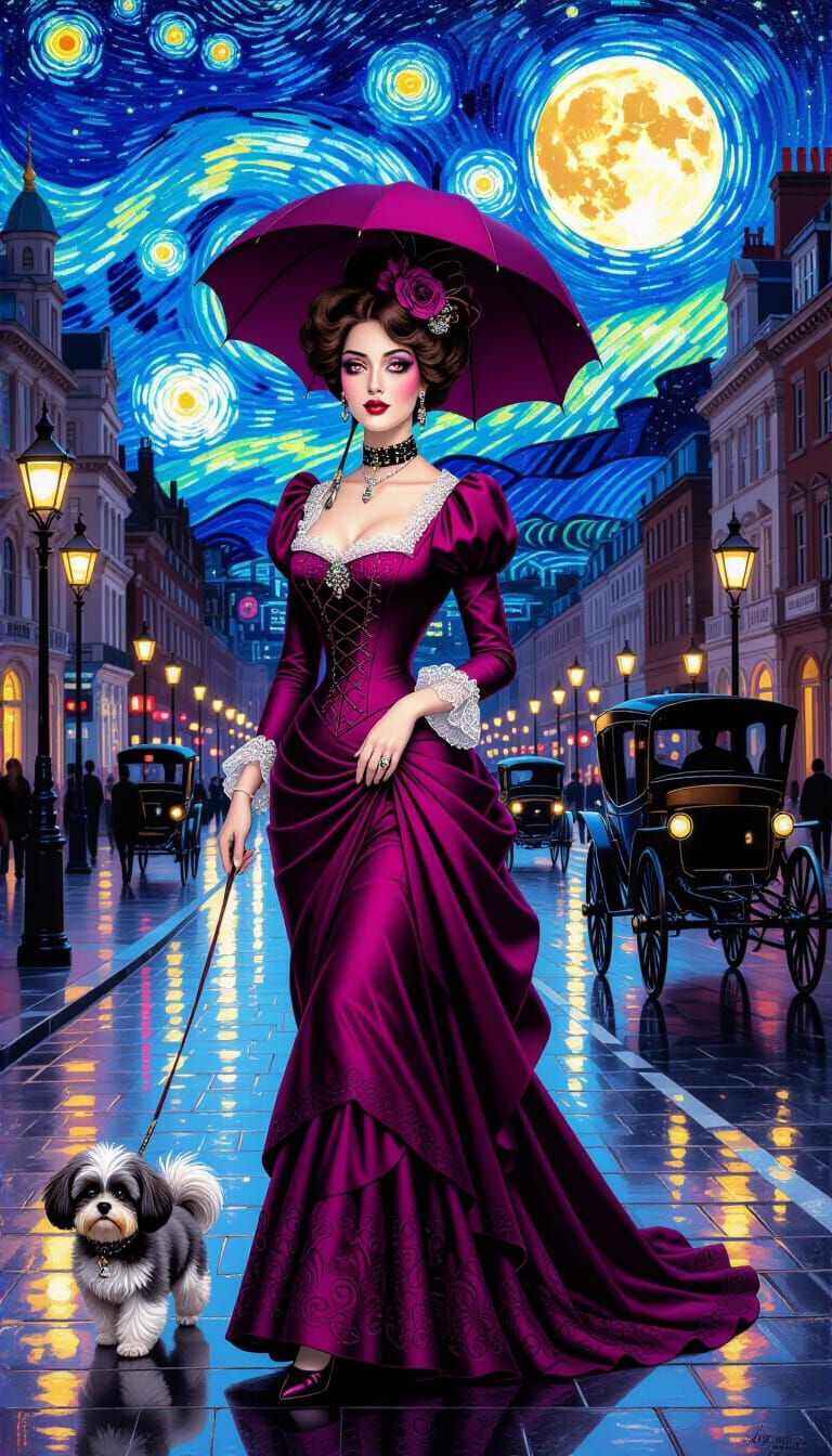 Victorian Lady with Shi Poo in London, Starry Night
