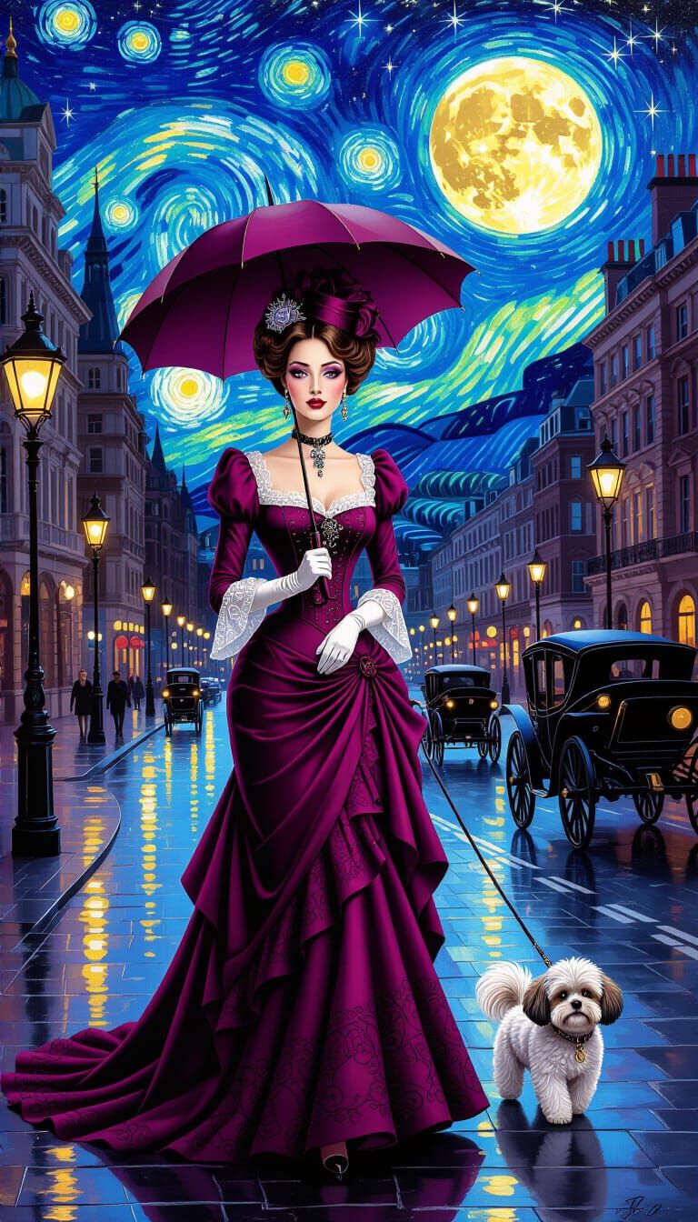 Victorian Lady in Cranberry Gown on London Street