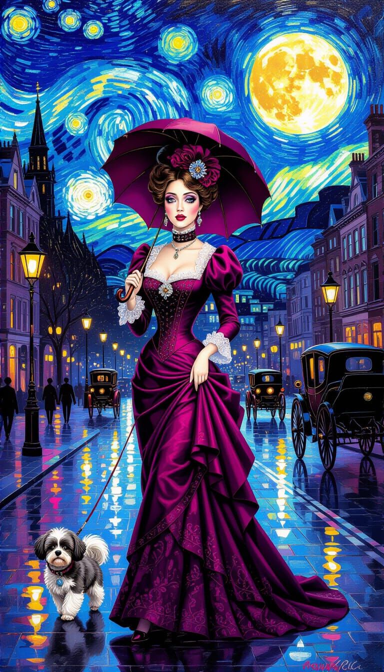 Victorian Lady with Dog, Starry Night, Acrylic Painting