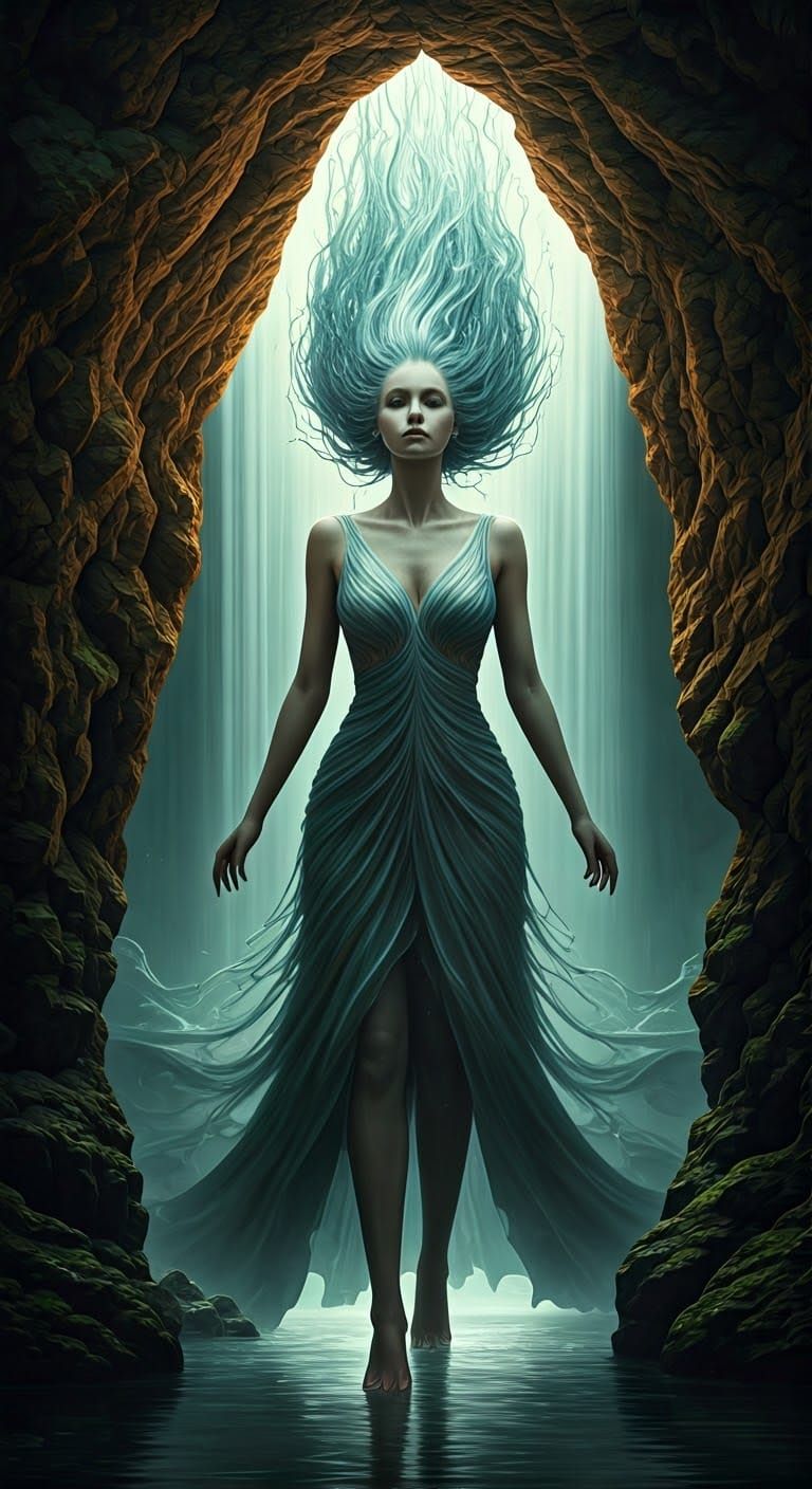 Stone Woman Waterfall Gown Hyperrealistic Image