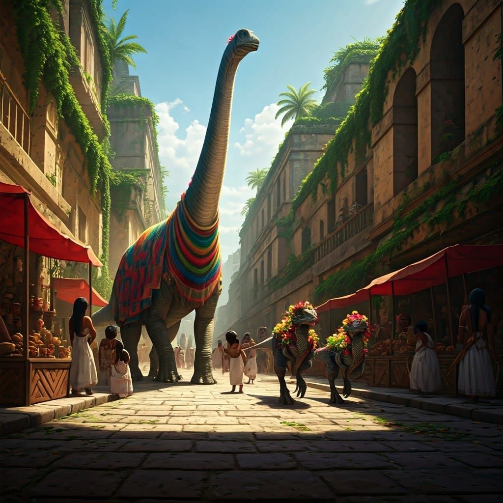 Mayan Festival with Colorful Dinosaurs in Ancient City