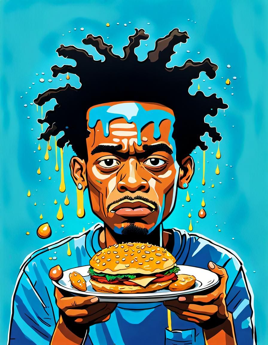 Sad Fried Food Illustration in Basquiat Style